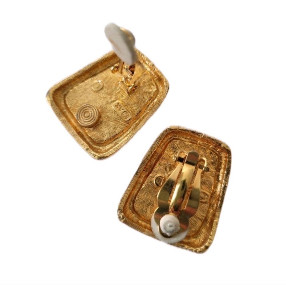 Anne Klein Gold Tone White Rectangle Clip-on Statement Earrings - Picture 3 of 4